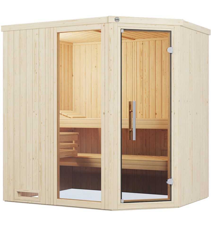 weka Sauna Element-Ecksauna VARBERG 1, BxTxH: 194 x 144 x 199 cm, 68 mm, vorgefertigte Elemente, Fensterelement, moderne Ganzglastür - Bild 1