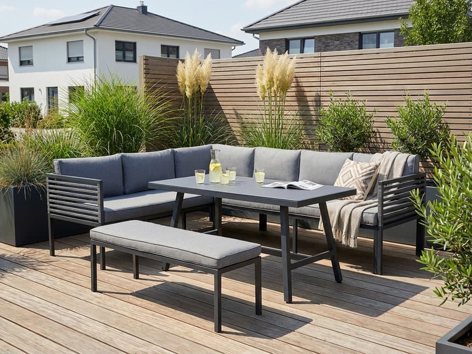 KONIFERA Gartenlounge-Set Ecklounge »Edessa«, (Set, 14-tlg., 2x 3er Sofa, Tisch 70x140x69 cm, 1 Sitzbank, inkl. Auflagen), Armlehne mit Seilgeflecht und Nonwood-Latten - Thumbnail 11
