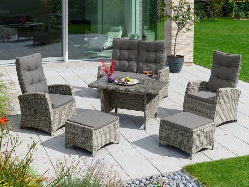 KONIFERA Garten-Essgruppe Monaco, (Set, 16-tlg., 1x2er Sofa, 2x Sessel, 2x Hocker, 1x Tisch 120x70x66cm, inkl. Auflagen), Polyrattan, Aluminium, Rückenlehne verstellbar, Grau - Thumbnail 24