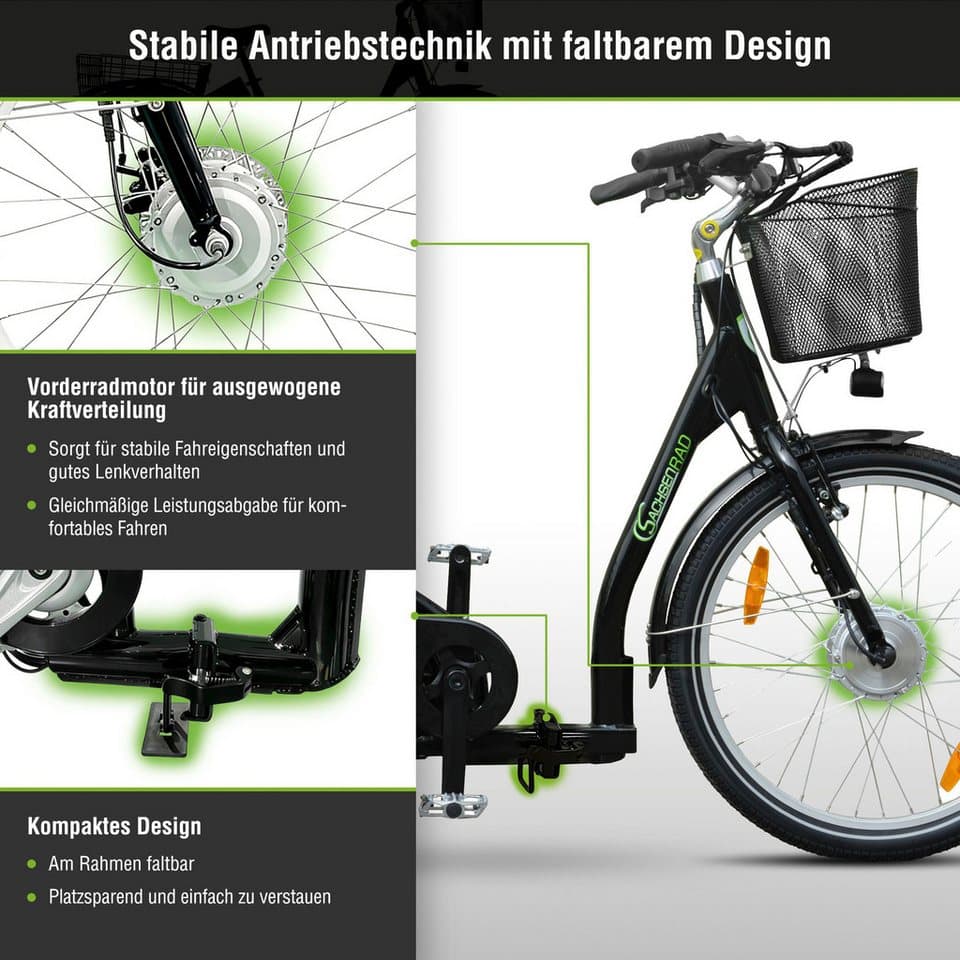 SachsenRAD E-Bike Lastenrad T3A mit Alarmanlage, 7 Gang Shimano Shimano 7-Gang-Kettenschaltung Schaltwerk, Kettenschaltung, Frontmotor, 470 Wh, (LED-Frontlicht, Alarmrücklicht mit Bremslicht, Ledersattel, 3-Räder), Lastenkorb, Lenkerkorb, LCD-Steuer- display, Fahrmodus Pedelec - Thumbnail 8