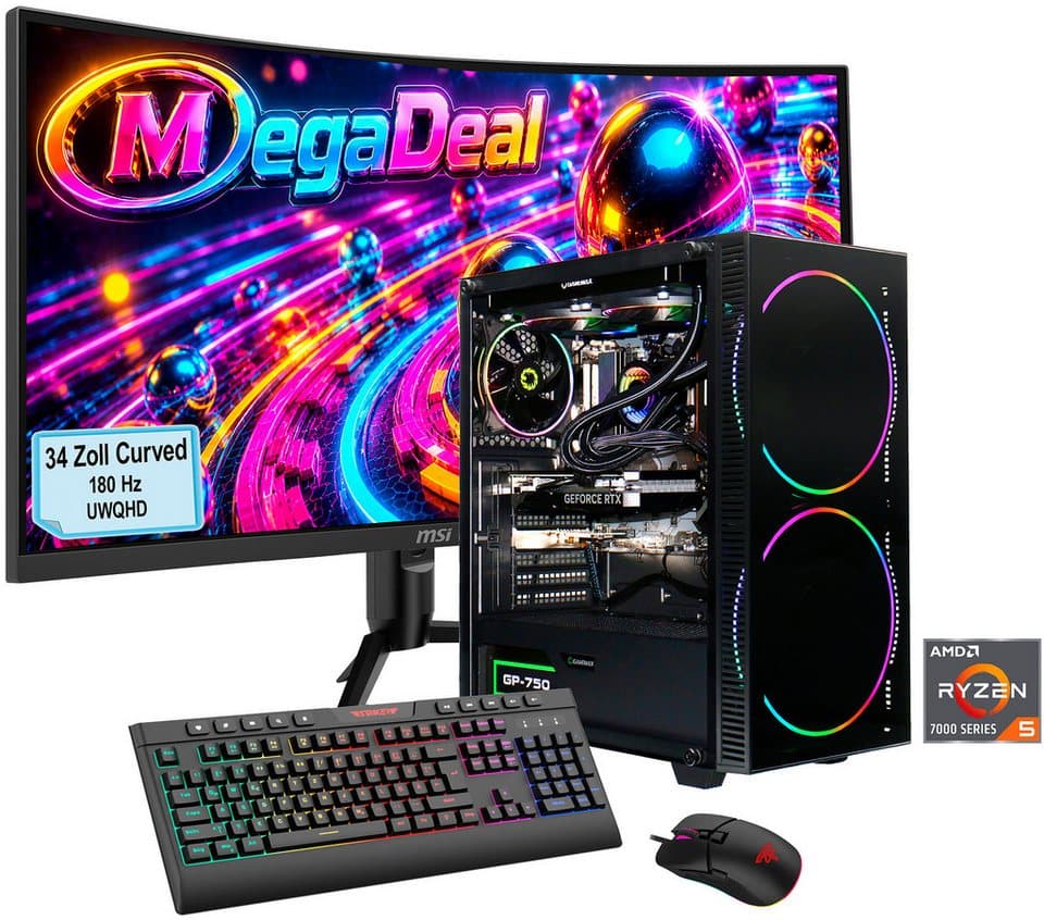 GAMEMAX MegaDeal Black Hole 2839 AMD Ryzen 5 7500F 32GB DDR5 1TB SSD RTX 5070 Gaming-PC-Komplettsystem (34", AMD Ryzen 5 7500F, RTX 5070, 32 GB RAM, 1000 GB SSD, Windows 11, DDR5 RAM + MSI MAG 342CQR E2 Curved Monitor 86cm (34) - Bild 1