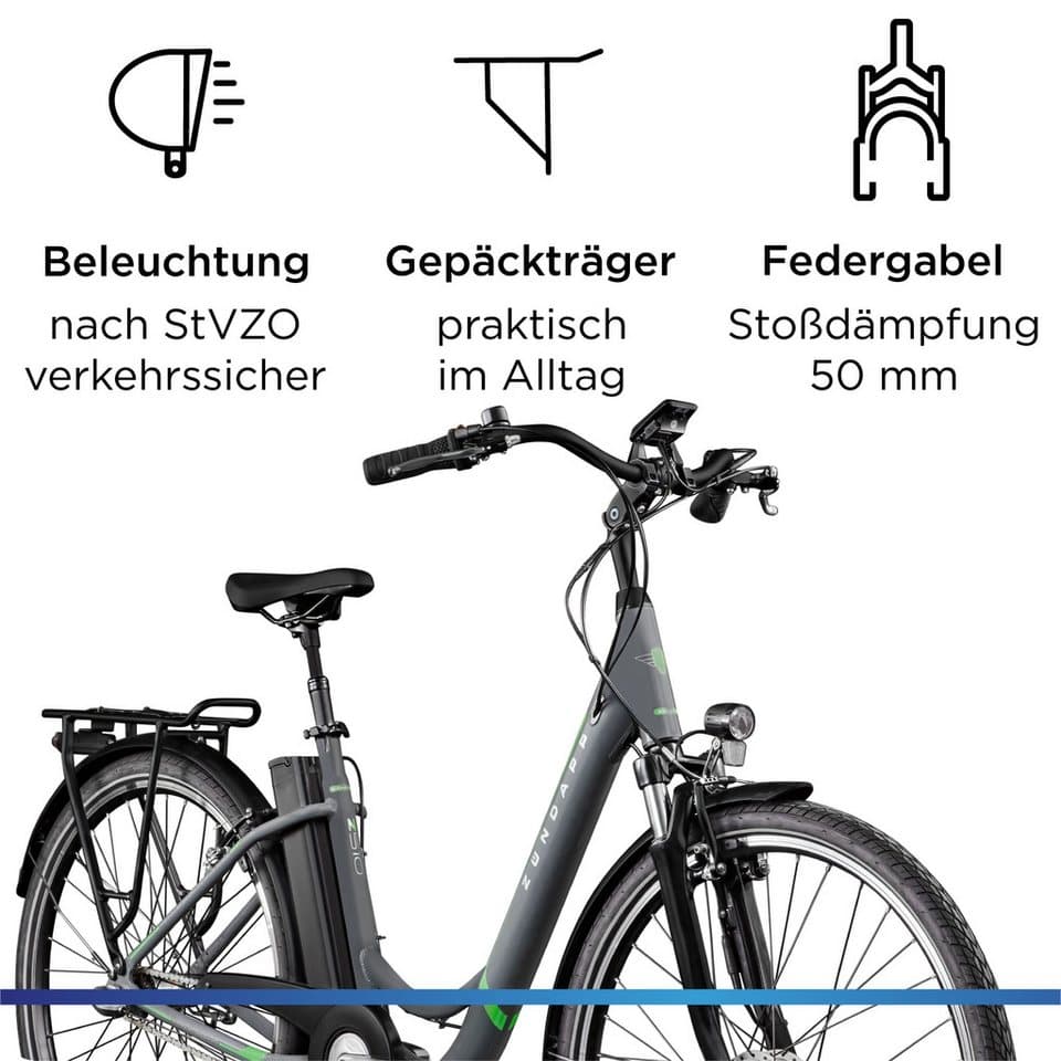 Zündapp E-Bike Cityrad Z510, 3 Gang Shimano Nexus SC-3C41 Schaltwerk, Nabenschaltung, Frontmotor, 531 Wh, (mit Frontkorb), Pedelec, Elektrofahrrad für Damen u. Herren - Thumbnail 4