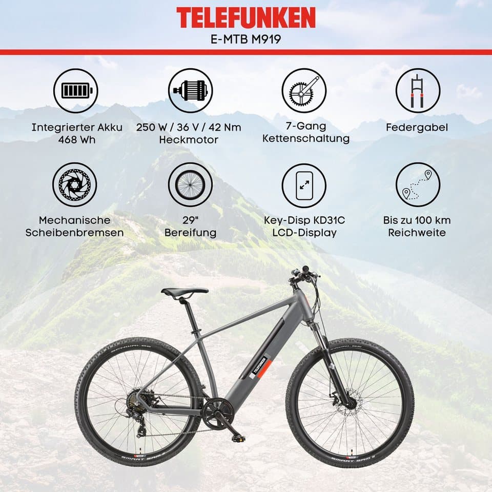 Telefunken E-Bike Mountainbike E-MTB Aufsteiger M919, 7 Gang Shimano Tourney Schaltwerk, Kettenschaltung, Heckmotor, 468 Wh, Pedelec, Elektrofahrrad, Damen u. Herren, E-MTB, Mountainbike, 29 Zoll - Thumbnail 5
