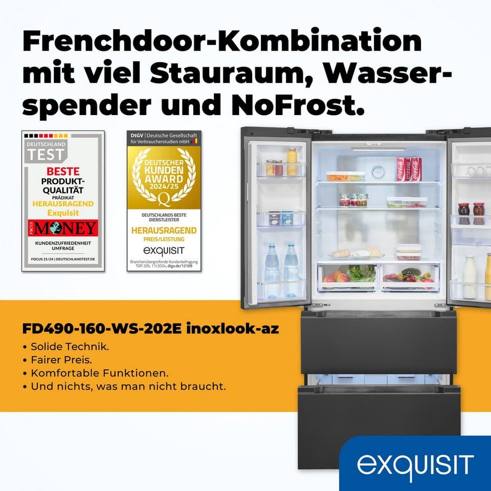 exquisit French Door FD490-160-WS-202E inoxlook-az FD490-160-WS-202E inoxlook-az, 183 cm hoch, 83,6 cm breit, Praktisch mit 506 L Kombi & LED, Schnellgefrieren & Wasserspender - Thumbnail 3