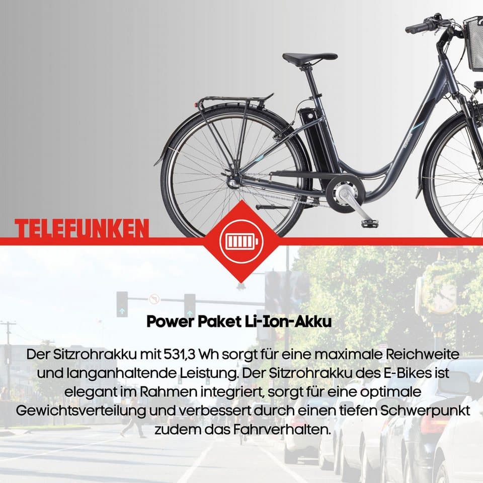 Telefunken E-Bike Cityrad Multitalent RC830, 3 Gang Shimano Nexus Schaltwerk, Frontmotor, 531,3 Wh, Pedelec, Elektrofahrrad für Damen u. Herren - Thumbnail 4