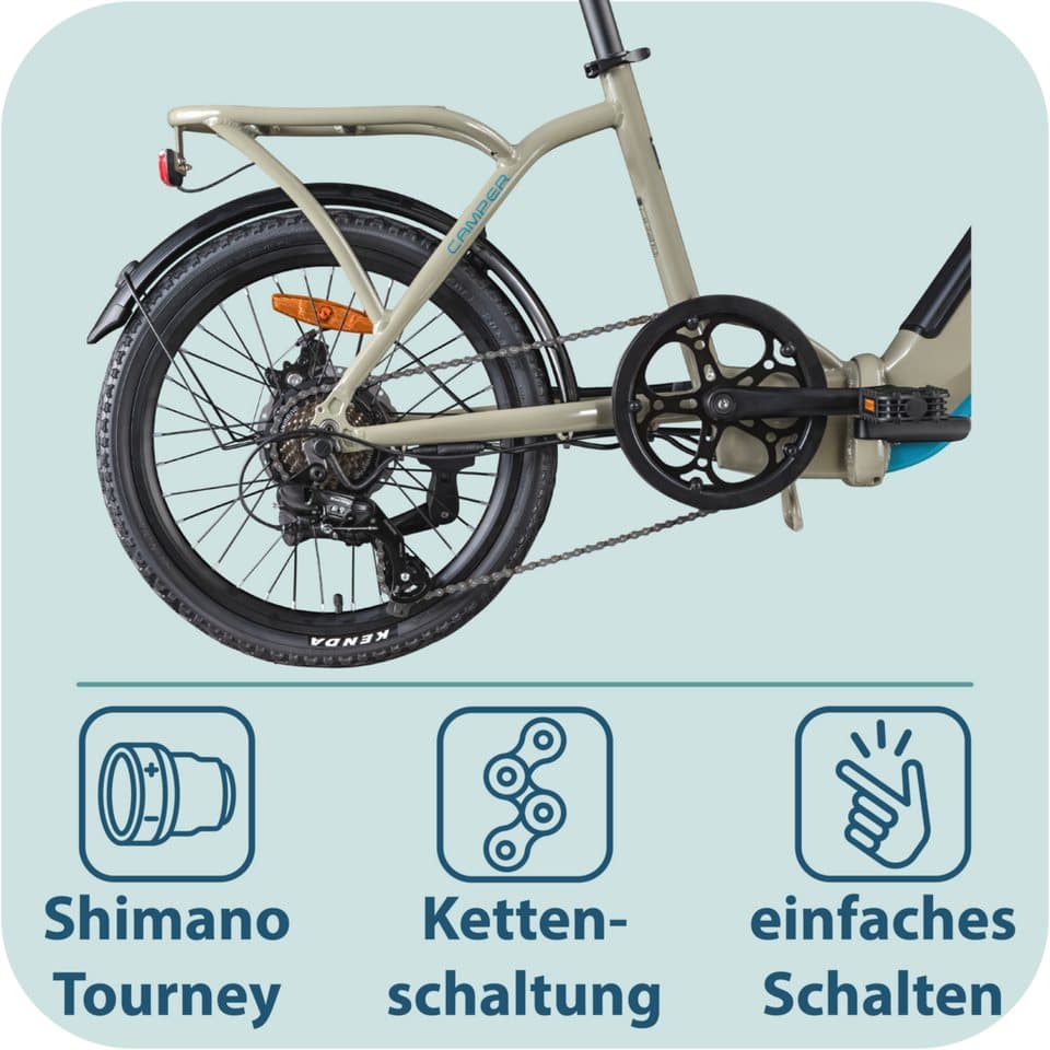 Tretwerk E-Bike Faltrad Camper, 7 Gang Shimano Tourney TY300 Schaltwerk, Kettenschaltung, Heckmotor, 468 Wh - Thumbnail 6