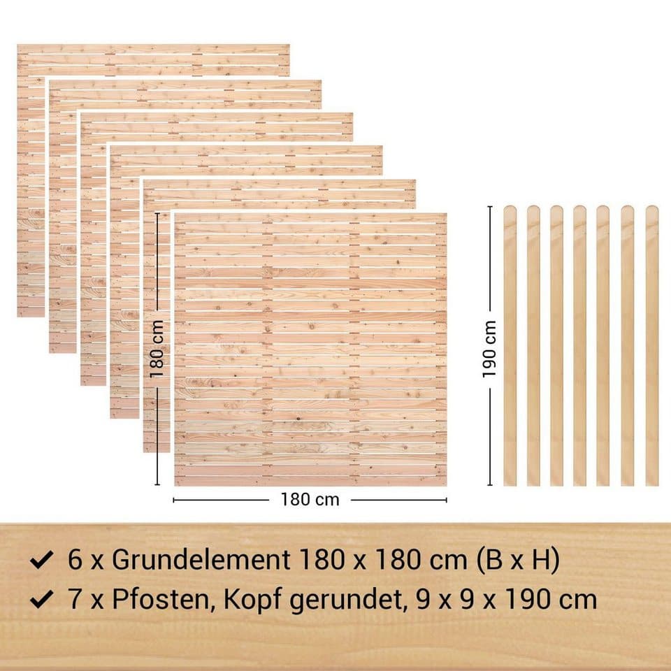 BM Massivholz Zaun Kurt Set 6, (Set), 6 Zaunelemente 180 x 180cm, 7 Pfosten, Kopf gerundet, Länge 190cm - Thumbnail 4