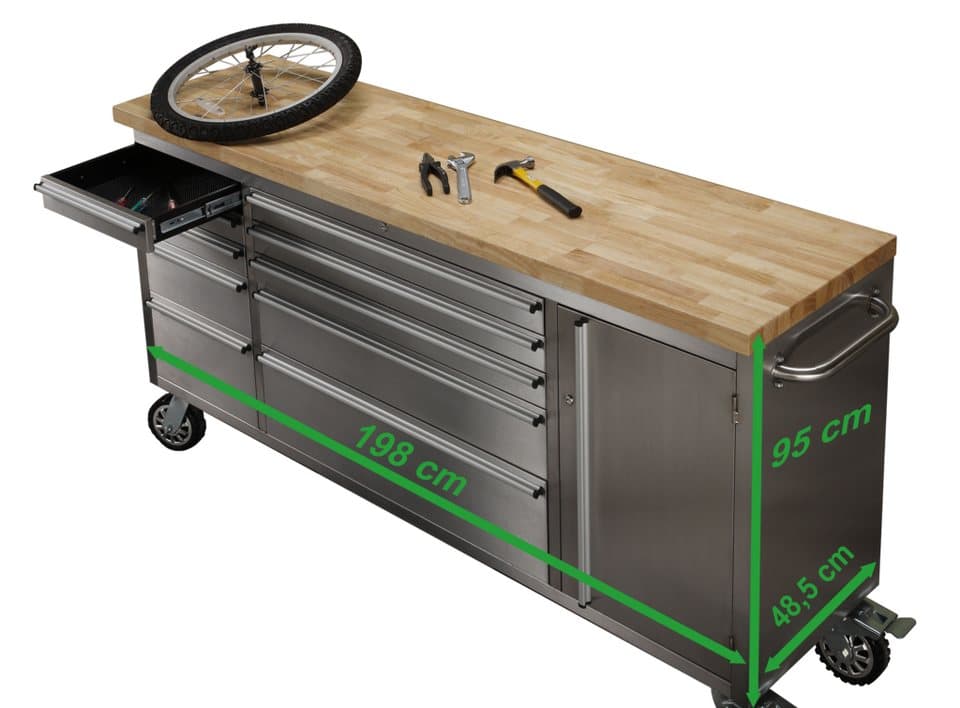 ONDIS24 Werkstattwagen Werkzeugwagen aus Edelstahl mit 1 Tür 10 Schubladen, max. Traglast:300 kg, fahrbar, kugelgelagerten Schubladen, abschließbar, Massivholzplatte - Thumbnail 4