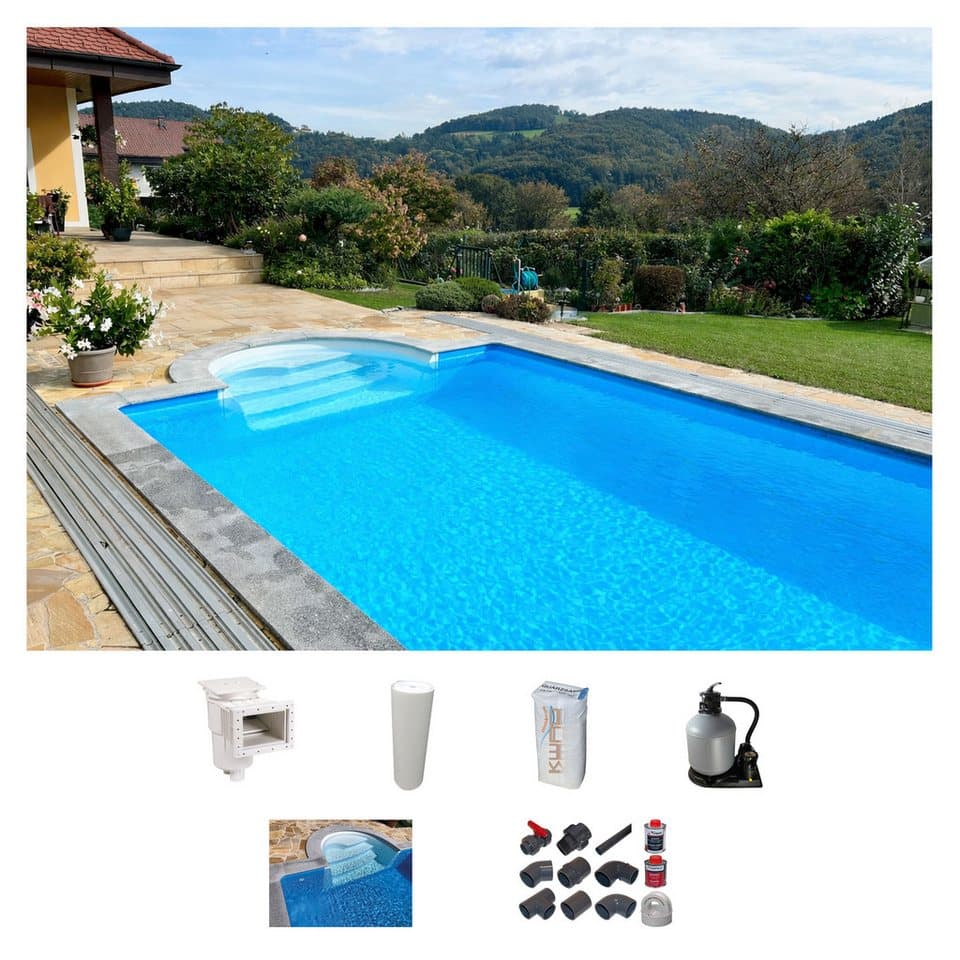 KWAD Rechteckpool mit Römertreppe (Set), 8x4, 7x3,5 oder 6x3m Höhe: 1,50m, mit Foliensack 0,6mm - Bild 1