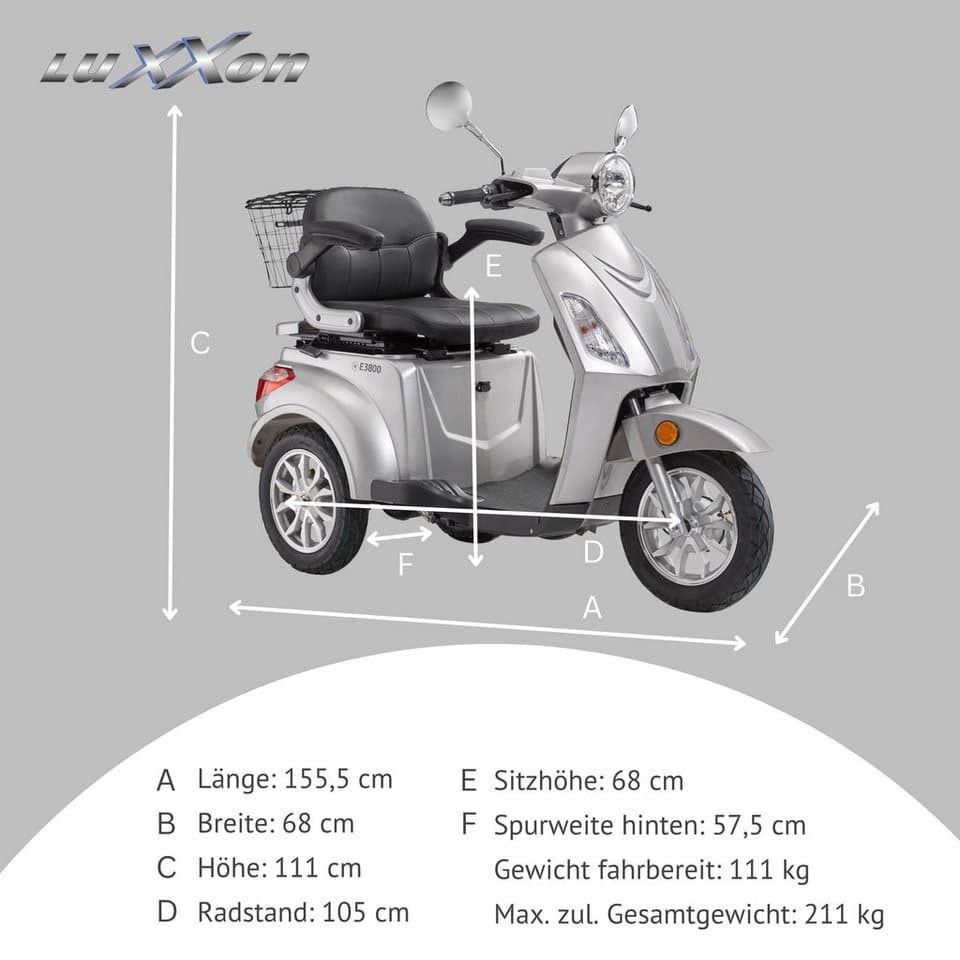 Luxxon Elektromobil E3800, 800 W, 20 km/h, (Elektroroller, Korb), bis zu 65 km Reichweite, Elektro Dreirad, Seniorenmobil - Thumbnail 4