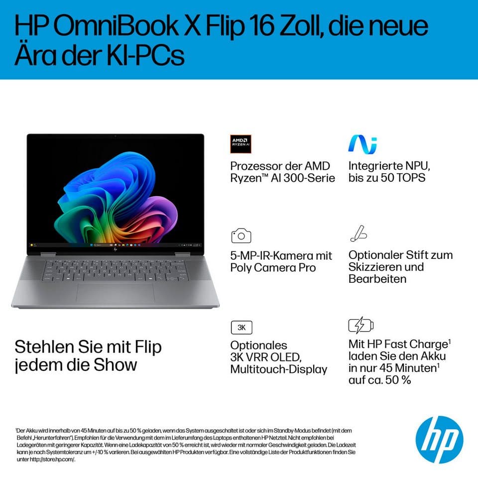 HP OmniBook X Flip 16-a0252ng Convertible Notebook (40,64 cm/16 Zoll, AMD Ryzen™ AI 5 340, Radeon, 16 GB, 1000 GB SSD) - Thumbnail 10