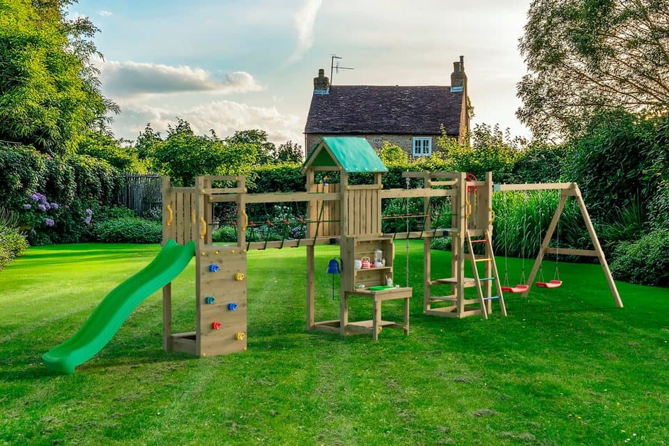 FUNGOO Spielturm Maxi Funny Space Longer, mit Rutsche, Doppelschaukel, Kletterwand, Picknicktisch; Made in Europe - Thumbnail 7