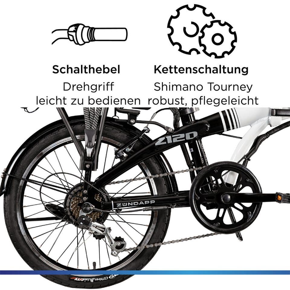 Zündapp E-Bike Klapprad Z120, 7 Gang Shimano Tourney Schaltwerk, Kettenschaltung, Heckmotor, 374,4 Wh, Pedelec, Elektrofahrrad für Damen u. Herren - Thumbnail 7