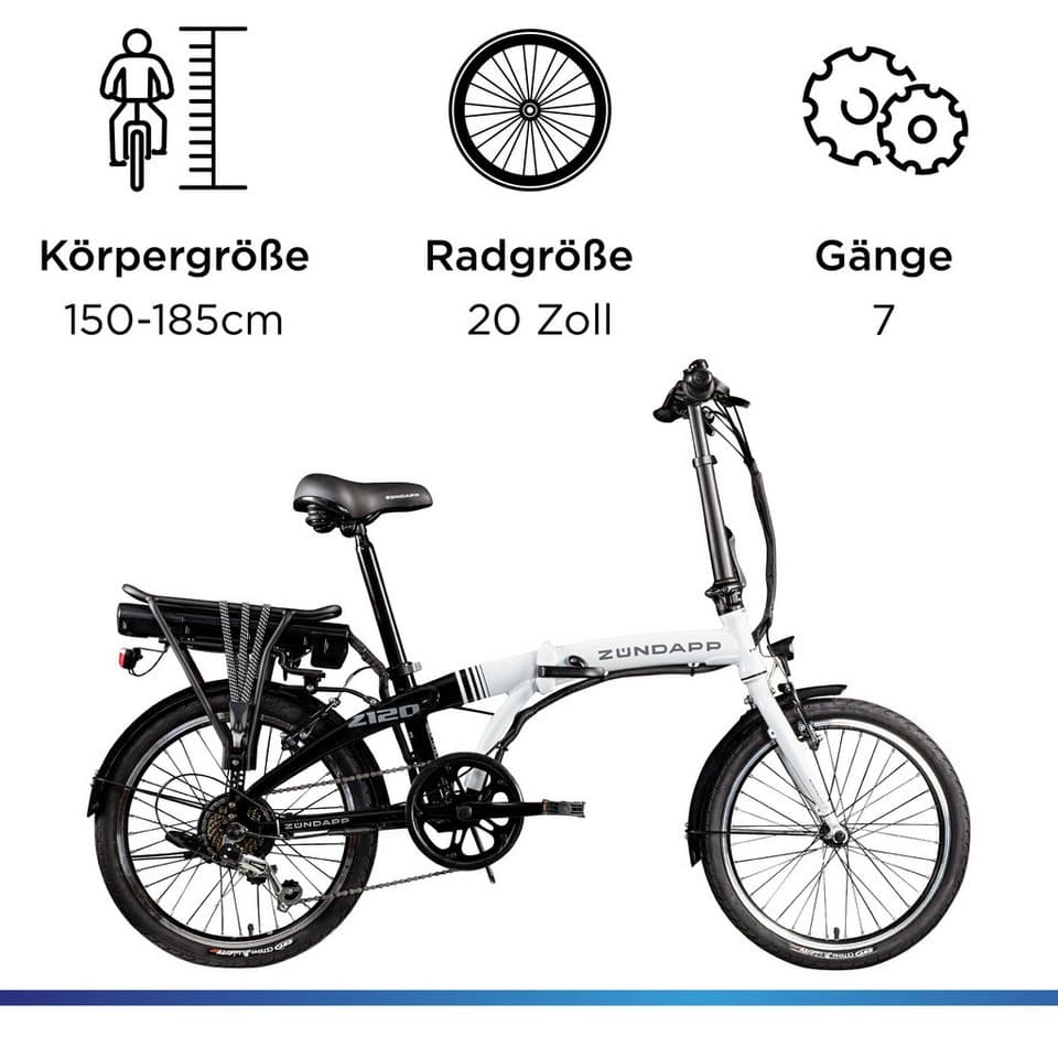 Zündapp E-Bike Klapprad Z120, 7 Gang Shimano Tourney Schaltwerk, Kettenschaltung, Heckmotor, 374,4 Wh, Pedelec, Elektrofahrrad für Damen u. Herren - Thumbnail 3