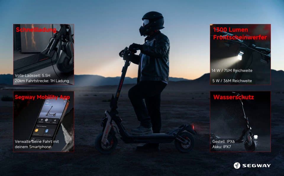 Segway E-Scooter GT3 D, 700 W, 20 km/h, (Smart TFT Display, 2400W, 11-Zoll Reifen, IPX6), mit Straßenzulassung, 95 km Eco Modus Reichweite, 150 kg Tragfähigkeit - Thumbnail 5