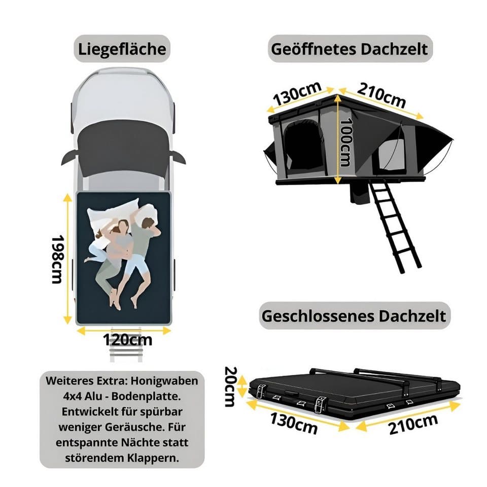 TZIpower Dachzelt Autodachzelt Auto Dach Zelt Vordach Schwarz/Grau Hardcase Aluminium, Personen: 2 (1 tlg) - Thumbnail 7
