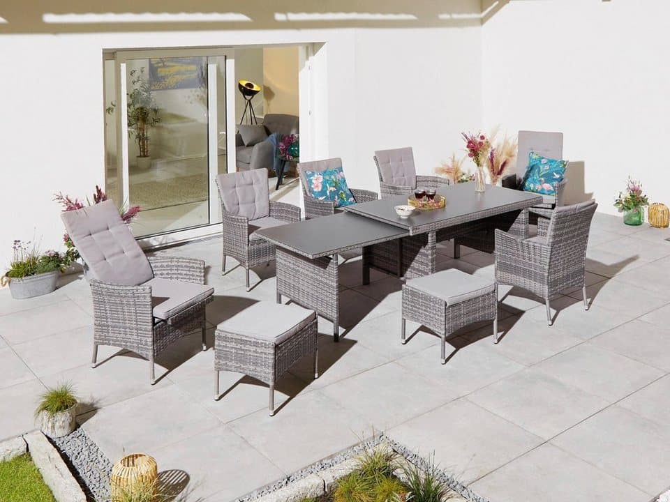 KONIFERA Garten-Essgruppe Parla, (Set, 21-tlg., 6xSessel, 1x AZ-Tisch 150-242,5cm,2x Hocker,inkl. Auflagen, Polyrattan), 2 der 6 Sessel sind verstellbar, Grau, Tischplatte aus Sicherheitsglas - Thumbnail 23