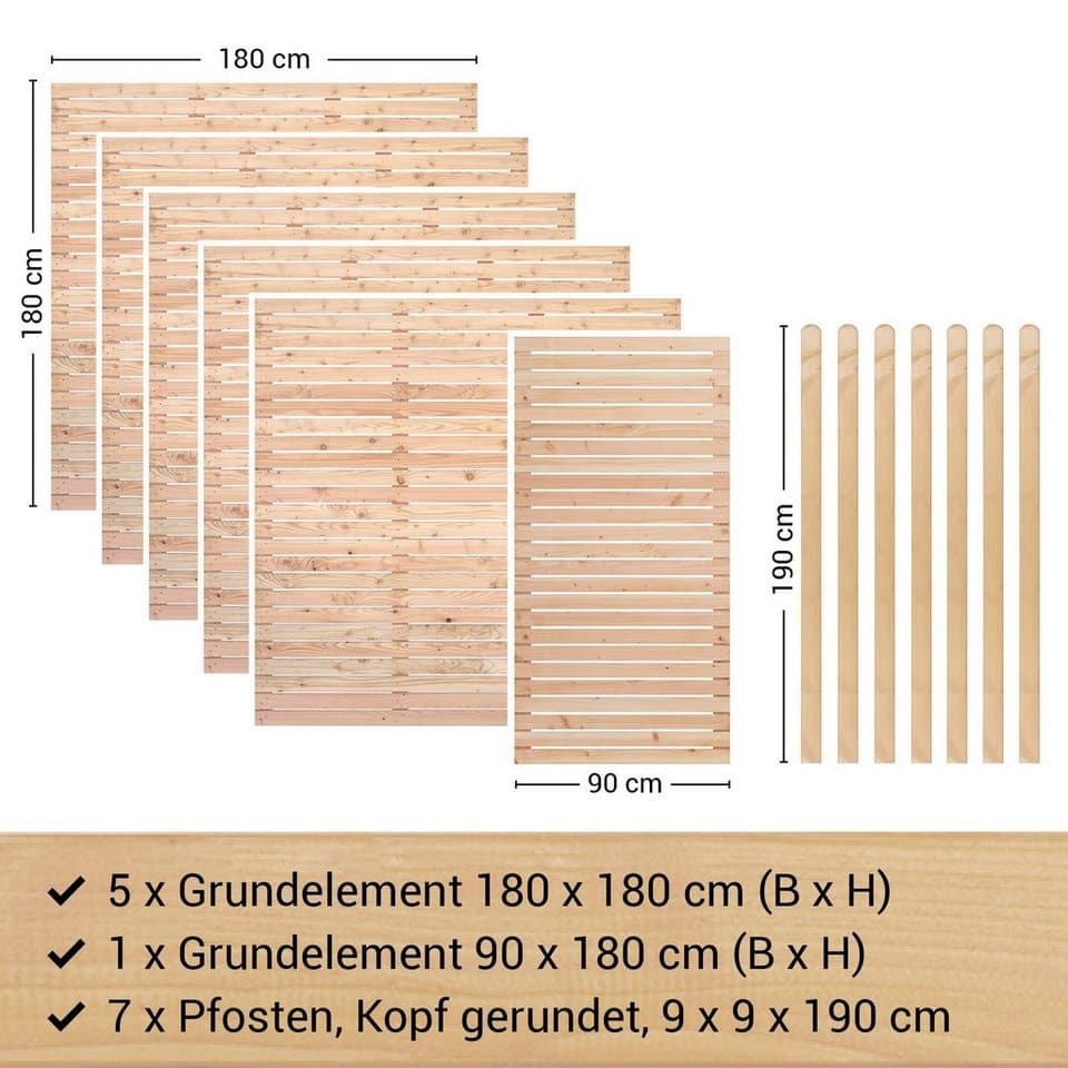 BM Massivholz Zaun Kurt Set 5.1, (Set), 5 Elemente 180 x 180cm, 1 Element 90x180cm, 7 Pfosten, Länge 190cm - Thumbnail 4