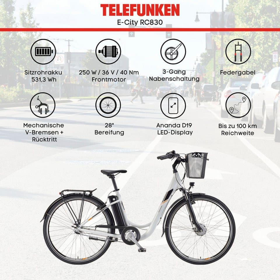 Telefunken E-Bike Cityrad Multitalent RC830, 3 Gang Shimano Nexus Schaltwerk, Frontmotor, 531,3 Wh, Pedelec, Elektrofahrrad für Damen u. Herren - Thumbnail 4