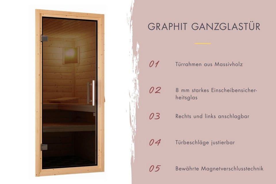 Karibu Sauna Mia (Fronteinstieg), BxTxH: 2240 x 1840 x 2020 cm, 38 mm, Ofen 9 kW Bio externe Strg easy - Thumbnail 6