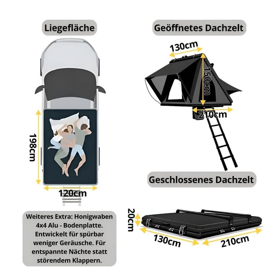 TZIpower Dachzelt Autodachzelt Aluminium Hardcase Dachzelt Auto Camping LED Dachträger, Personen: 3 (1 tlg) - Thumbnail 7