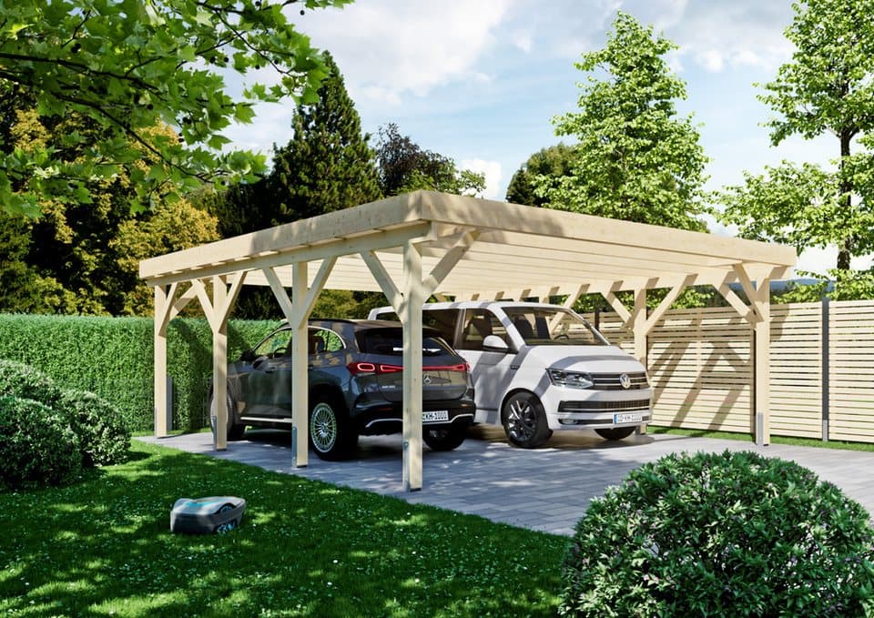 KONIFERA Doppelcarport Jupiter II, BxT: 600x650 cm, 222 cm Einfahrtshöhe, Bausatz, Leimholz naturbelassen, PET-Flachdach lichtdurchlässig