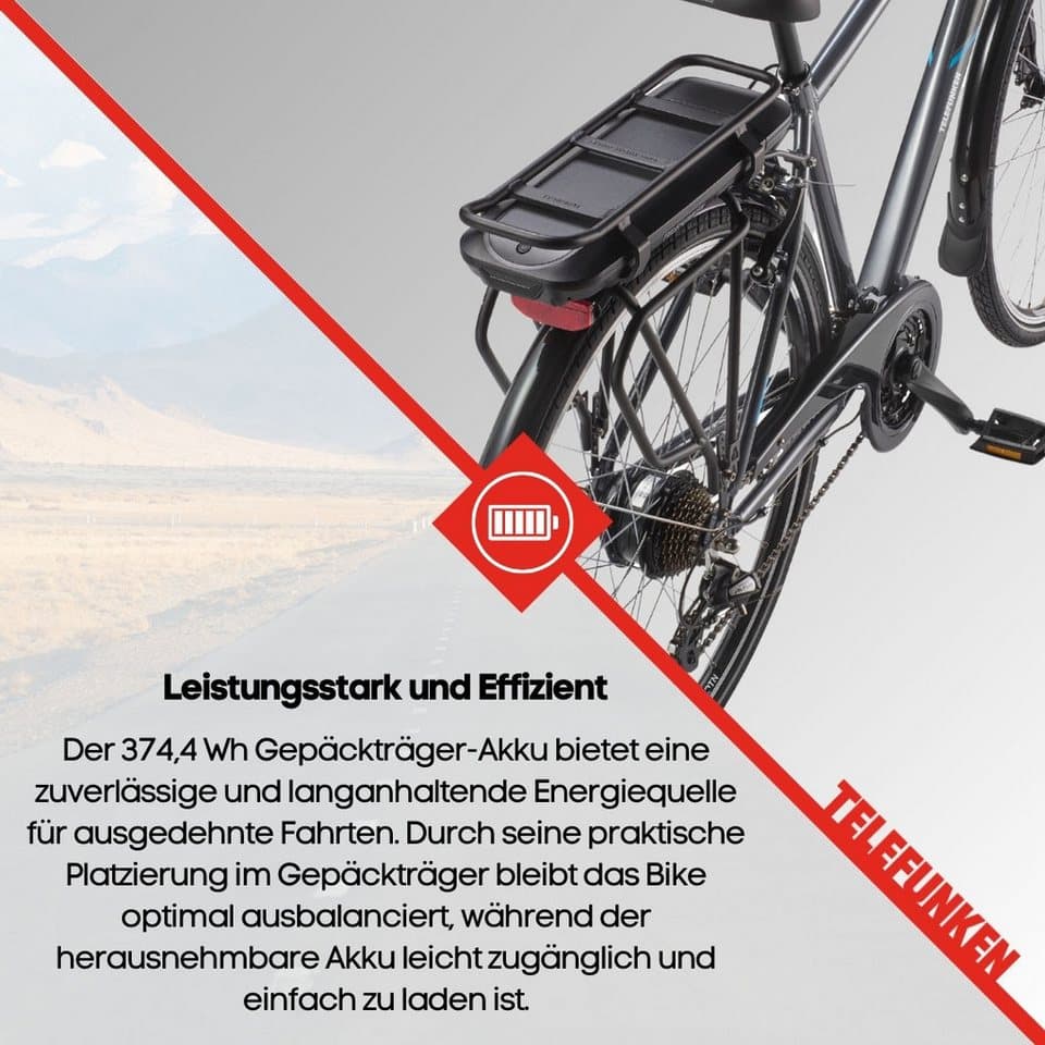 Telefunken E-Bike Trekkingrad Expedition XT481, 21 Gang Shimano, Heckmotor, 374,4 Wh, (mit Fahrradtasche), Reichweite bis zu 100 km, Pedelec, Elektrofahrrad für Herren, 28 Zoll - Thumbnail 6
