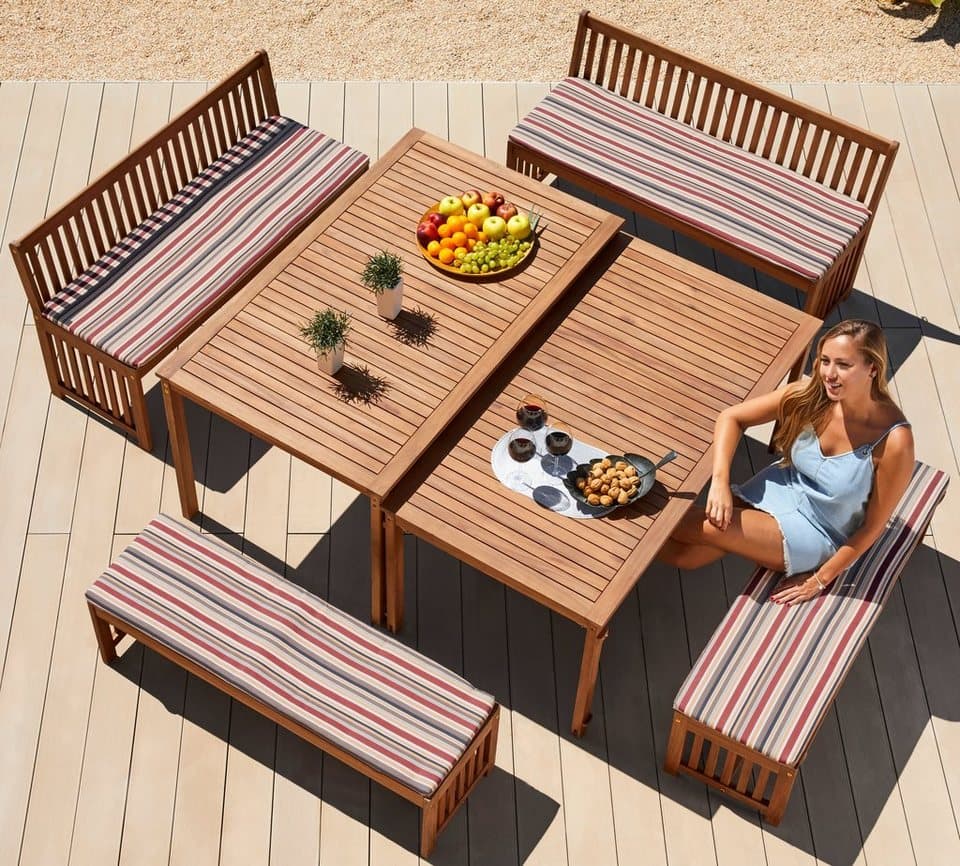 MERXX Garten-Essgruppe Hawaii, (4x Bänke, 2x Tische, 4x Sitzkissen), Akazienholz FSC® 100 % - Thumbnail 2
