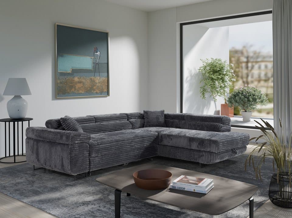 M-Punkt24 Ecksofa MIAMI TILIA, Cordstoff Grau Anthrazit, Ottomane rechts oder links, Kopfteilverstellung, Bettkasten - Thumbnail 2
