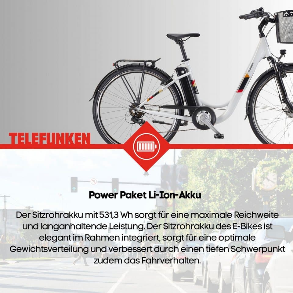 Telefunken E-Bike Cityrad Multitalent RC822, 7 Gang Shimano Tourney Schaltwerk, Kettenschaltung, Frontmotor, 531,3 Wh, (Beleuchtung, Straßenzulassung, ca. 100 km Reichweite, 2 V-Bremsen), Elektrofahrrad, Damen Herren, 28 Zoll, 36,9 V, 531,3 Wh Akku, Pedelec - Thumbnail 6