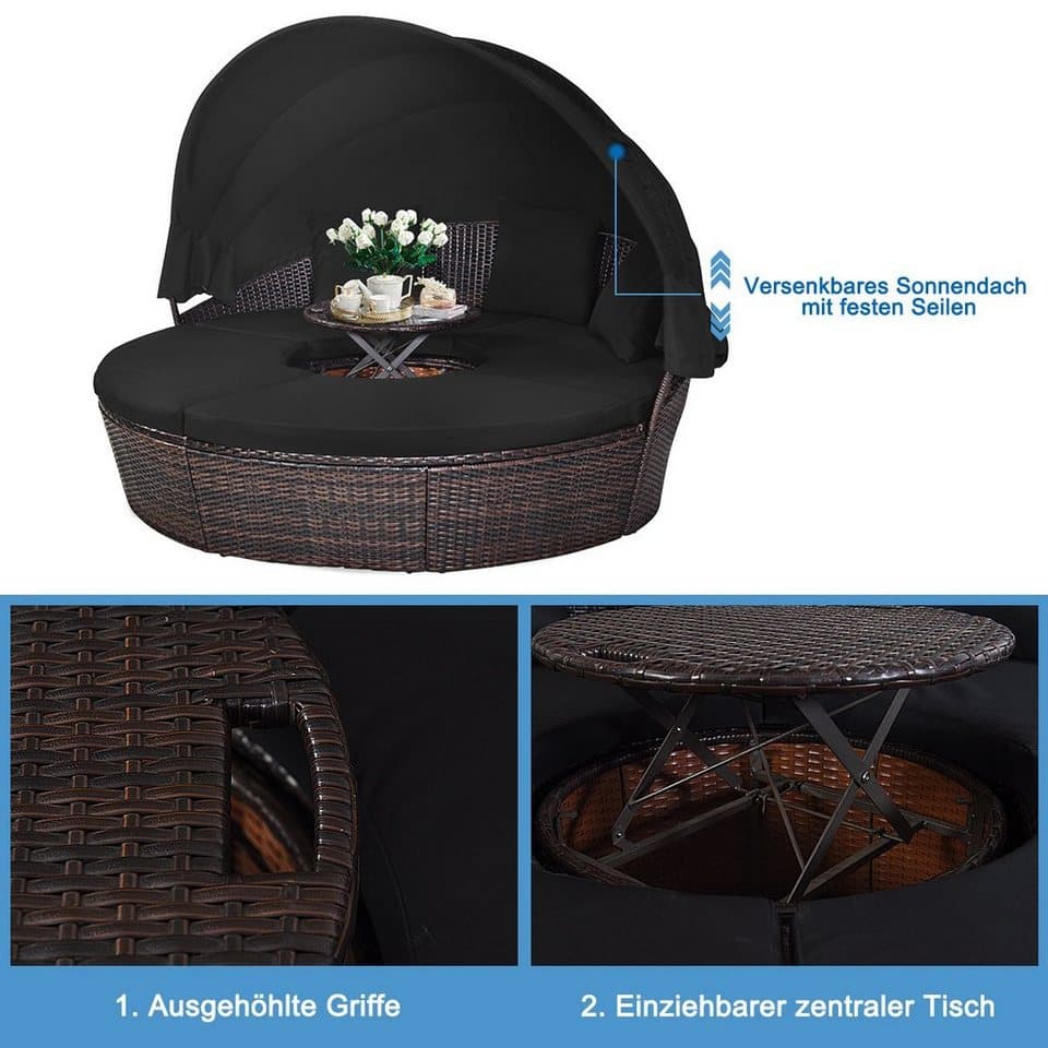 COSTWAY Sonneninsel mit einziehbarem Dach, outdoor, Gatrenlounge Rattan, Kissen, rund - Thumbnail 2