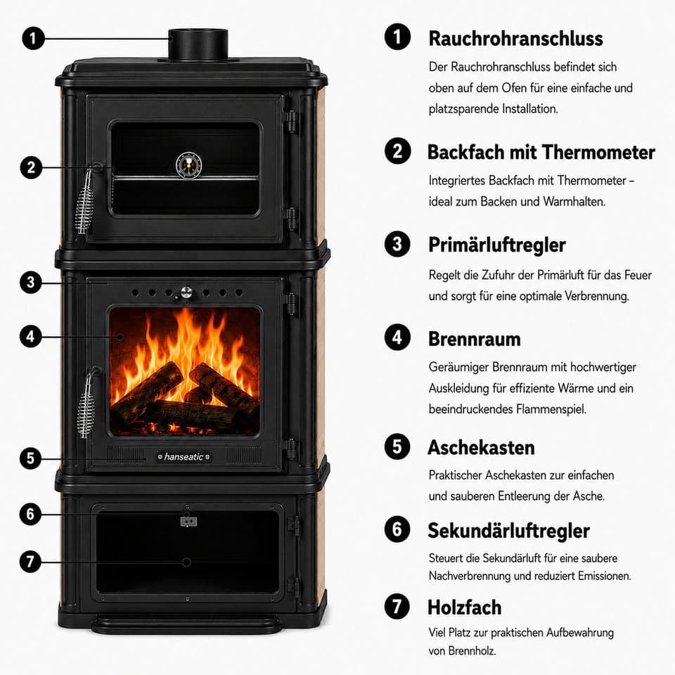 Hanseatic Kaminofen Minerva Beige, 7,1 kW, Zeitbrand, Großer Feuerraum - Thumbnail 7