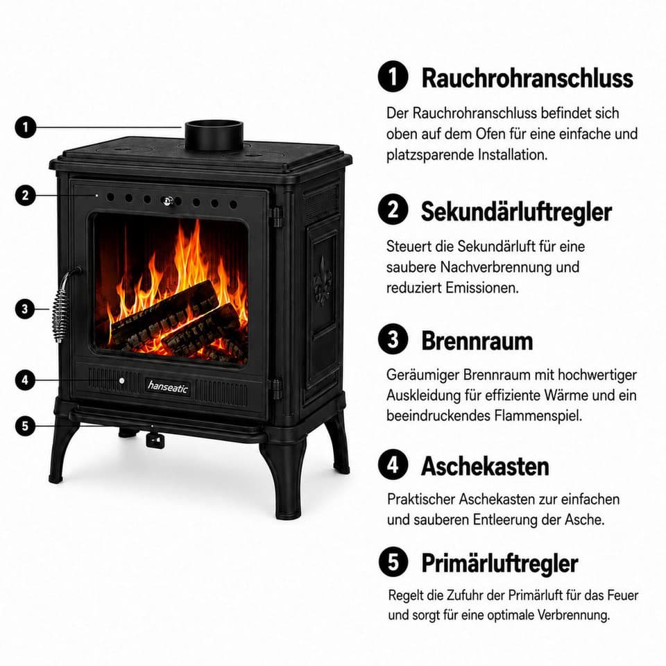 Hanseatic Kaminofen Castor XXL, 10,6 kW, Zeitbrand, Großer Feuerraum - Thumbnail 4