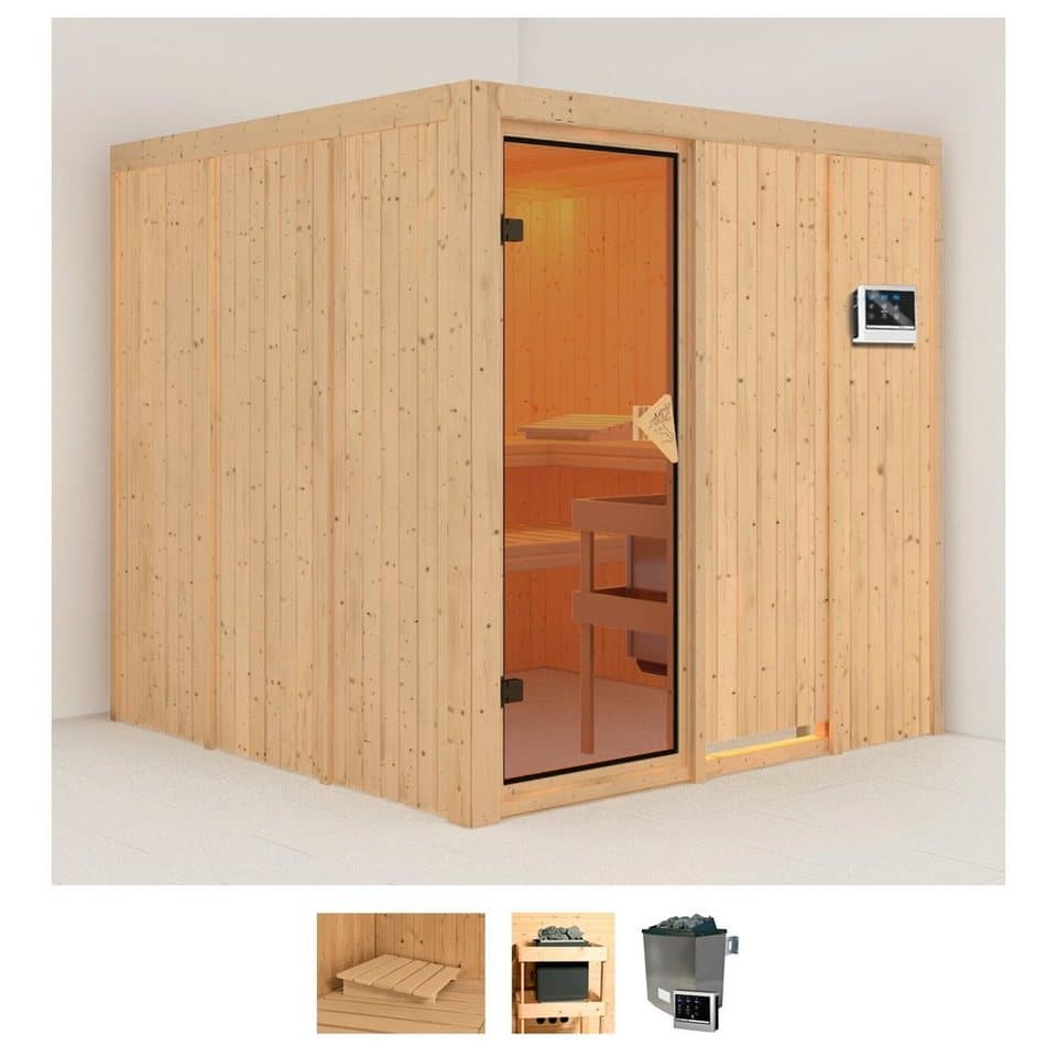 Karibu Sauna Rodin, BxTxH: 196 x 196 x 198 cm, 68 mm, (Set) Ofen 9 KW externe Strg easy