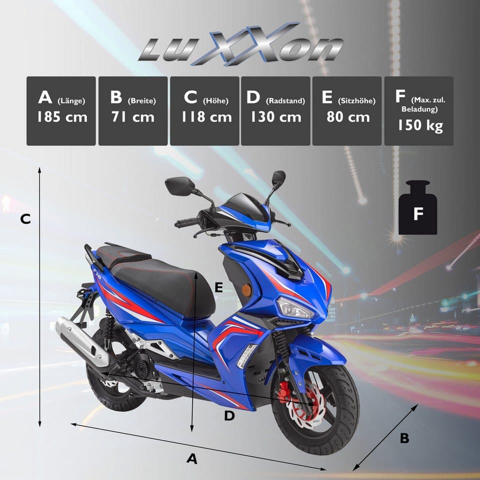 Luxxon Motorroller F18, 50 ccm, 45 km/h, Euro 5, (abschließbares Staufach), 2 Sitzplätze, für Erwachsene, Sportliches Design, 4-Takt Motor - Thumbnail 3