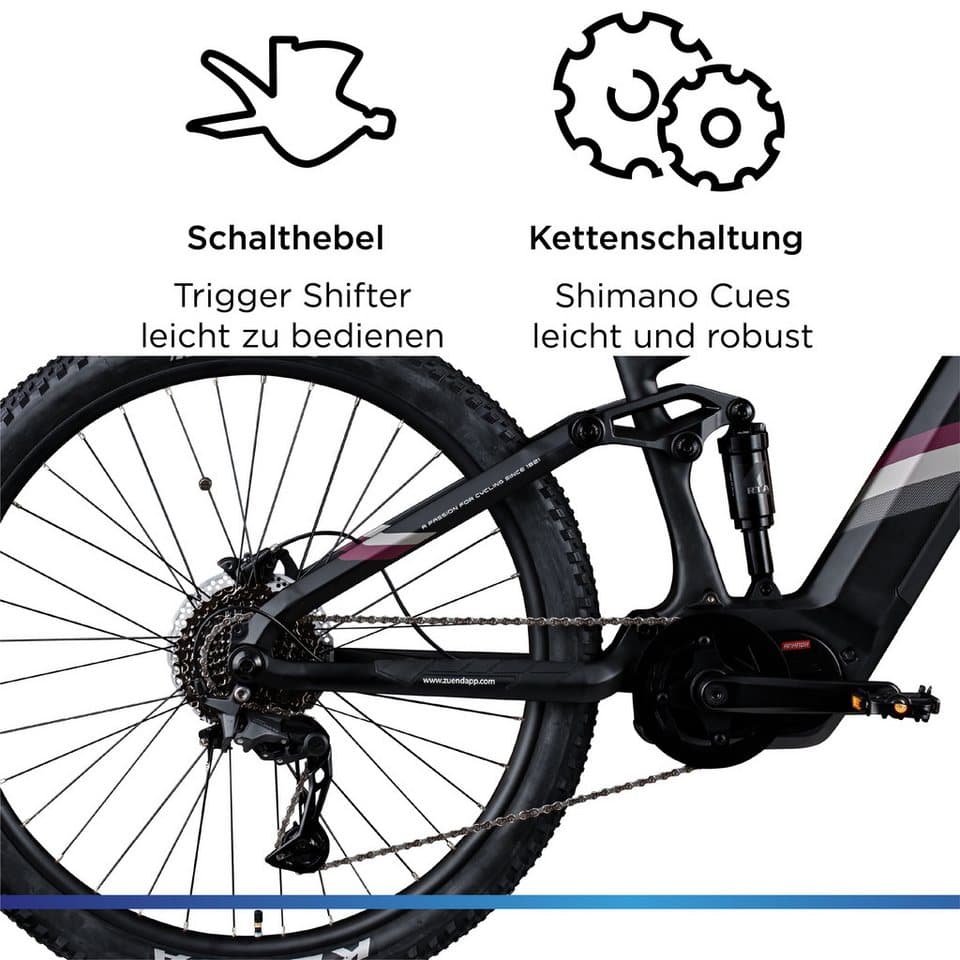 Zündapp E-Bike Mountainbike X1000, 10 Gang Shimano Cues U62020 SGS Schaltwerk, Kettenschaltung, Mittelmotor, 733 Wh, E Bike Mountainbike Fully 29 Zoll 10 Gänge Pedelec Damen Herren 730 Wh - Thumbnail 7