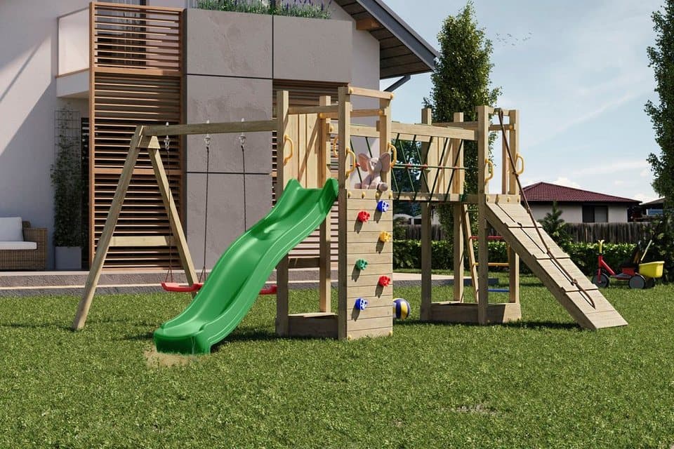FUNGOO Spielturm Maxi Funny Exposure, Schaukel, Rutsche mit Wasseranschluss, Sandkasten, Brückenverbindung - Thumbnail 6