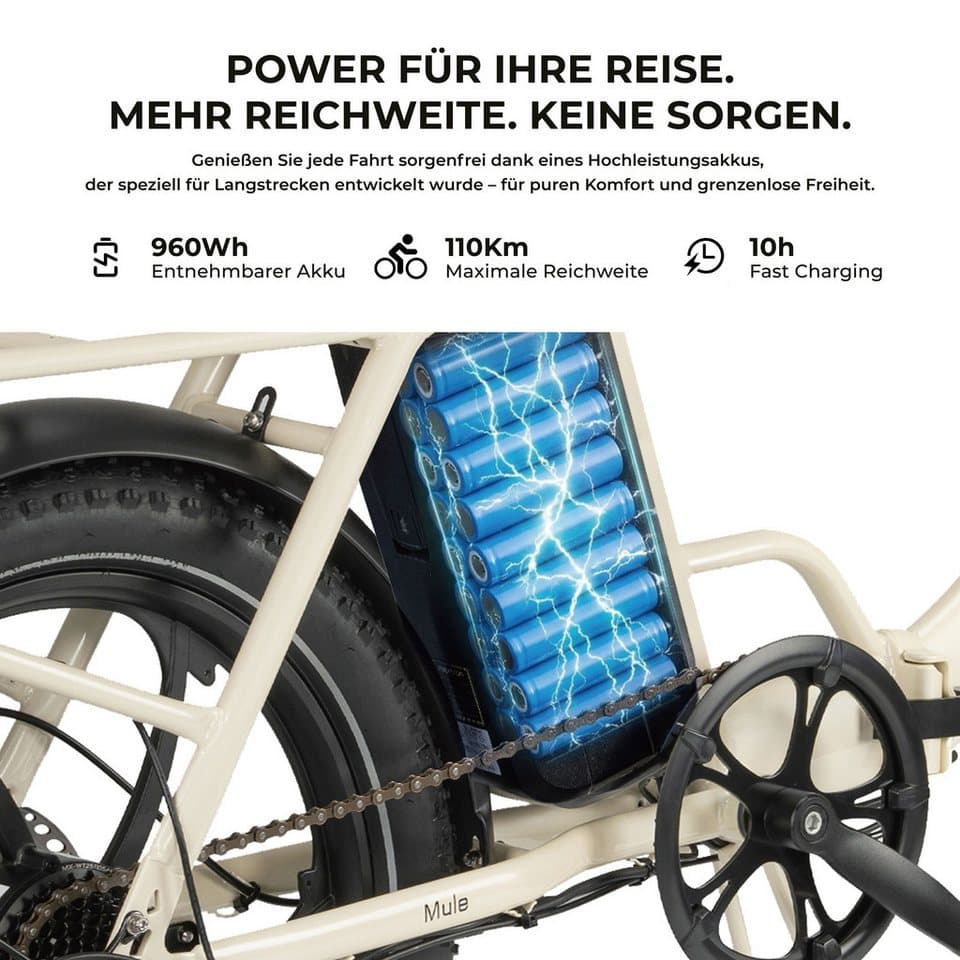 Maxtron E-Bike Klapprad Maxtron MULE Klapprad, 7 Gang Shimano ALTUS Schaltwerk, Kettenschaltung, 960 Wh, (Packung), Stadt & Abenteuer: 20" Fatbike mit XXL 20Ah Akku. - Thumbnail 6
