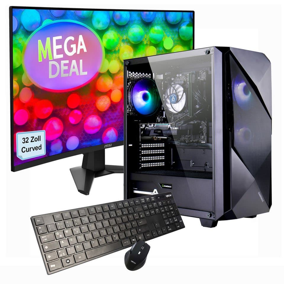 GAMEMAX MegaDeal Striker 2599 AMD Ryzen 7 5700X RTX 5060 32GB DDR4 1TB SSD PC-Komplettsystem (32", AMD Ryzen 7 5700X, RTX™ 5060, 32 GB RAM, 1000 GB SSD, Windows 11 + MSI MAG 32C6 Curved Monitor, 80cm (32)