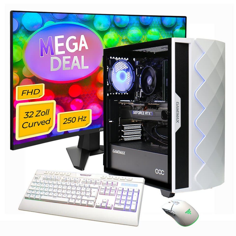 GAMEMAX MegaDeal Diamond WT 2703 AMD Ryzen 7 5700X RTX 5060 16GB 1TB SSD Gaming-PC-Komplettsystem (32", AMD Ryzen 7 5700X, RTX 5060, 16 GB RAM, 1000 GB SSD, Windows 11 + MSI MAG 32C6X Curved Monitor, 80cm (32)