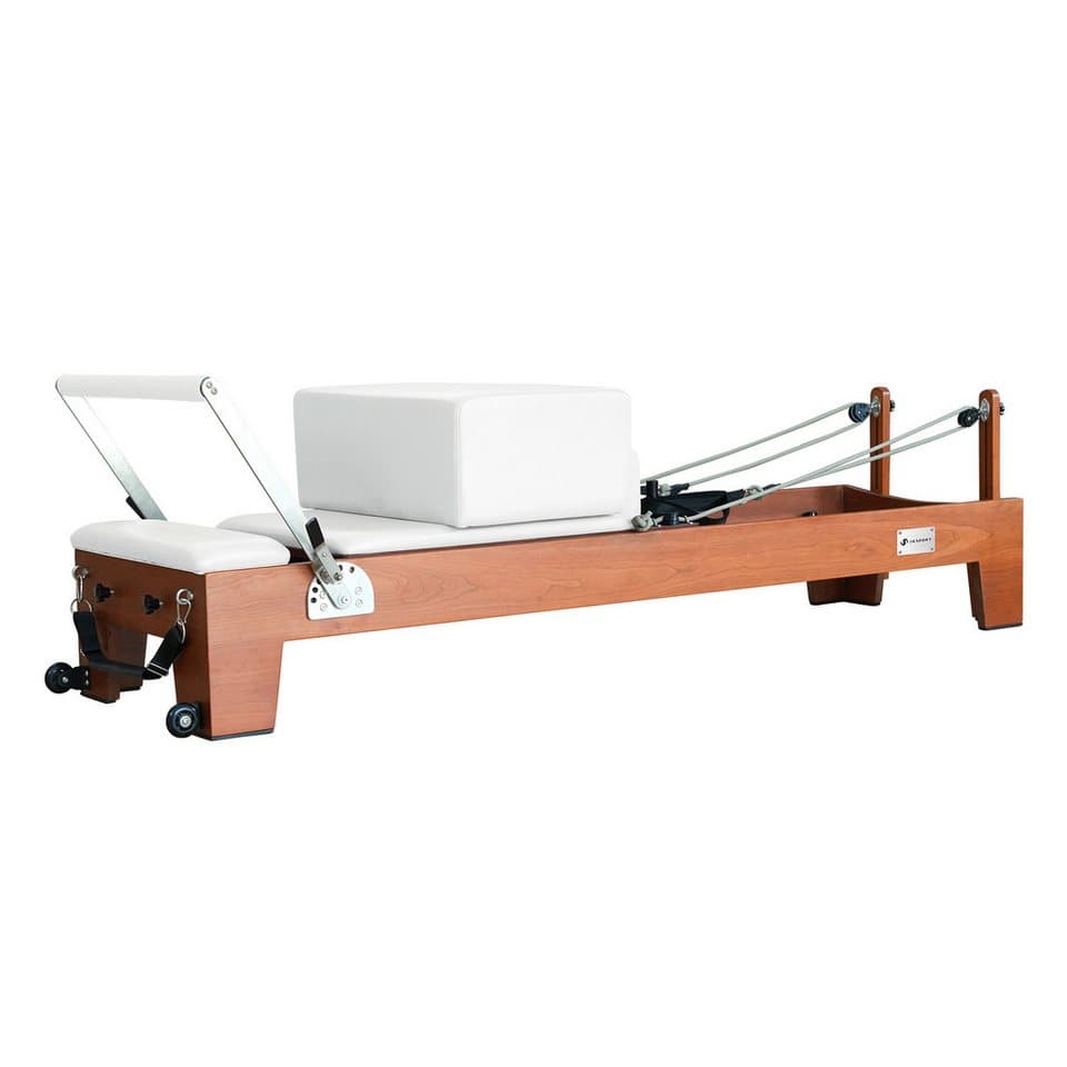 JASPORT Pilates-Reformer Hochwertige Holz-Reformer Serie für Pilates-Studios, (Inklusive Zubehör, Reformer-Set), Human-Bearing-System, Geräuscharme Rollen, Dreistufige Federplatte