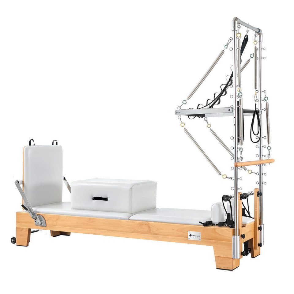 JASPORT Pilates-Reformer B80 mit Tower aus Buchenholz, 150 kg belastbar, (Pilates Reformer Set inkl. Tower und Zubehör), Massives Buchenholz, Mehrfaches Federsystem