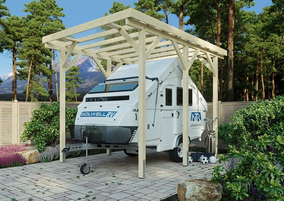 KONIFERA Einzelcarport Neptun I, BxT: 344x500 cm, 352 cm Einfahrtshöhe, für Wohnmobile, Leimholz naturbelassen, PET-Flachdach lichtdurchlässig