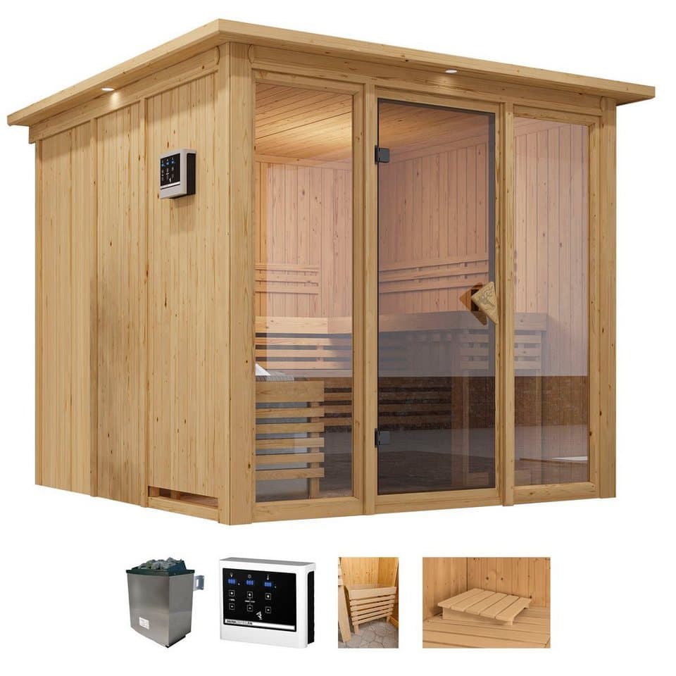 welltime Sauna Artja, BxTxH: 240,5 x 248 x 202 cm, 68 mm, (Set) Ofen 9 KW externe Strg easy