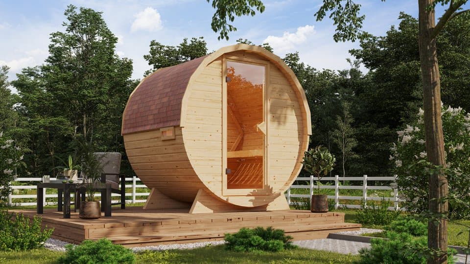 KONIFERA Fasssauna Lathy L, BxTxH: 225 x 175 x 229 cm, 38 mm, Plug&Play Saunaofen mit Steuerung 3,6 kW inkl. 18 Kilo Steinen